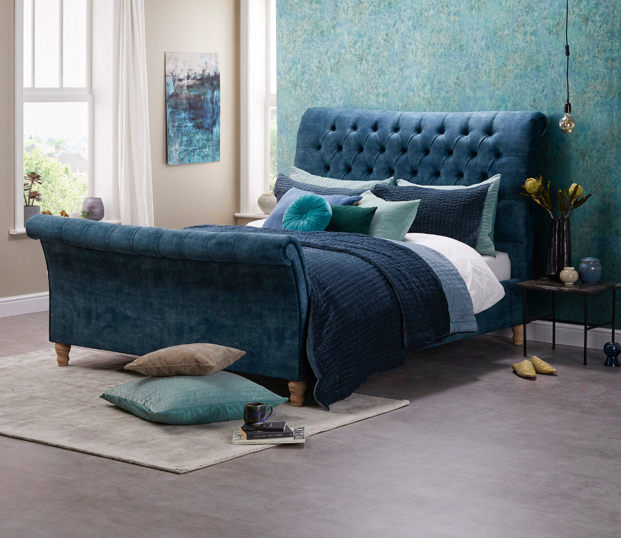 RN Interiors Upholstered Blue Swan King Size Bed Frame