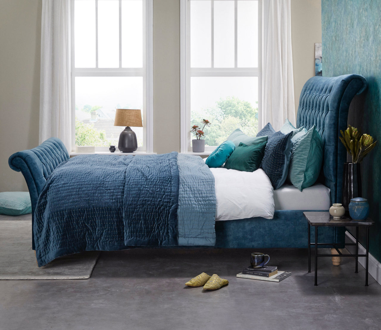 RN Interiors Upholstered Blue Swan King Size Bed Frame