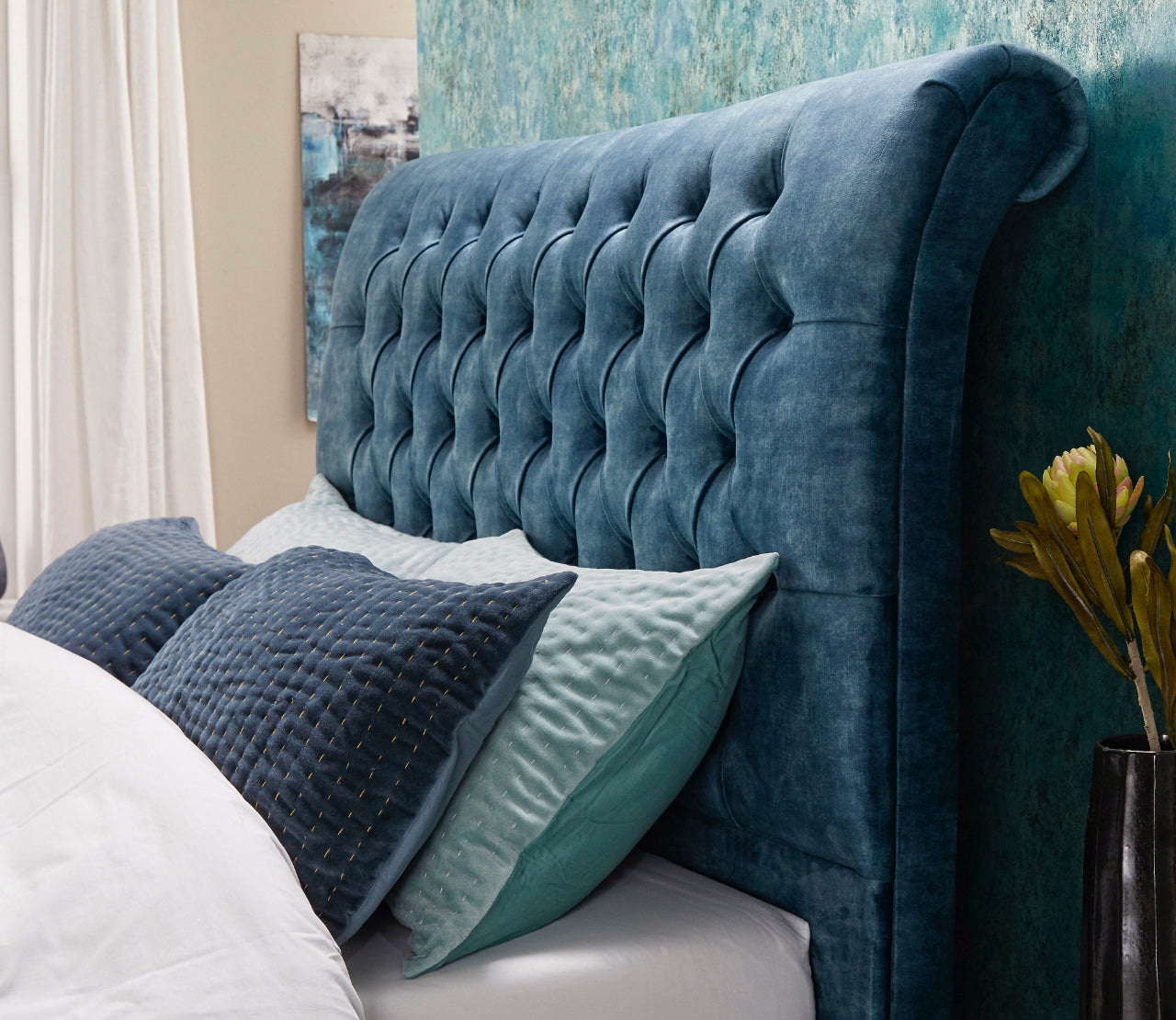 RN Interiors Upholstered Blue Swan King Size Bed Frame