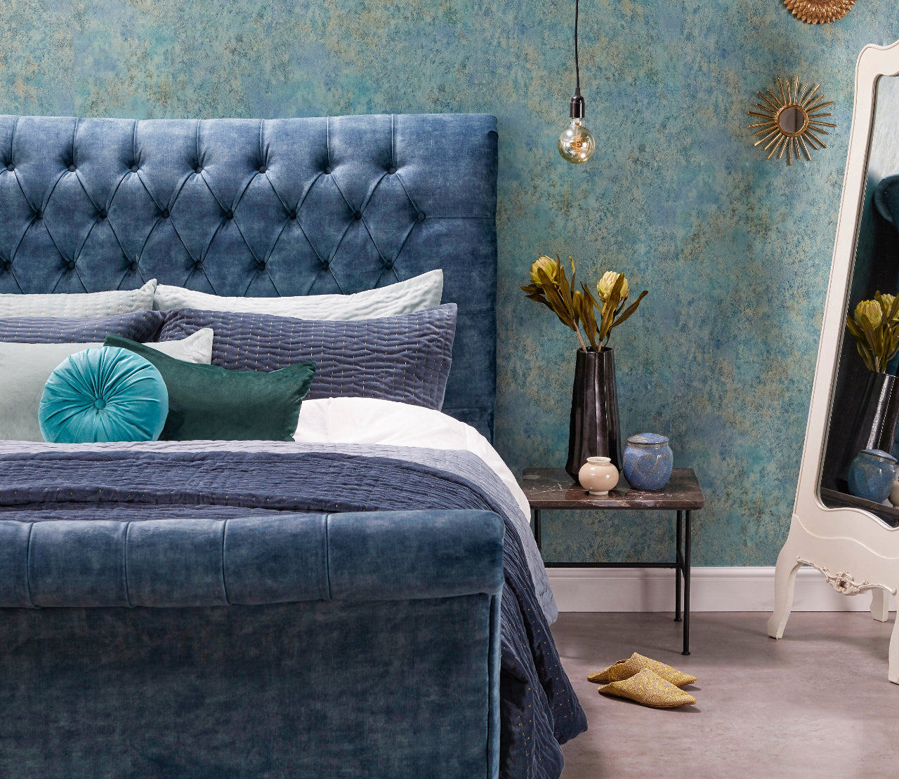 RN Interiors Upholstered Blue Swan King Size Bed Frame