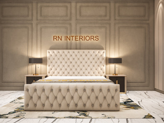Chesterfield Double Bed - Grey Plush Velvet Bed