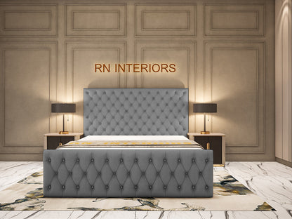 Chesterfield Double Bed - Grey Plush Velvet Bed