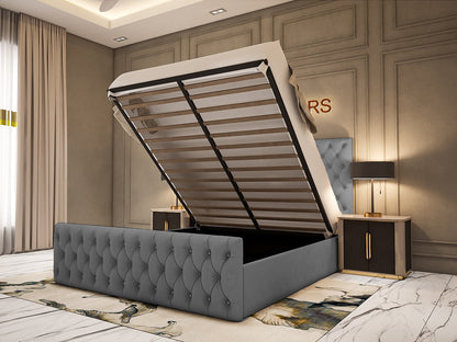 Chesterfield Double Bed - Grey Plush Velvet Bed