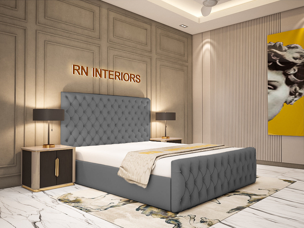 Chesterfield Double Bed - Grey Plush Velvet Bed
