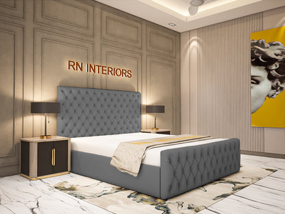 Chesterfield Double Bed - Grey Plush Velvet Bed