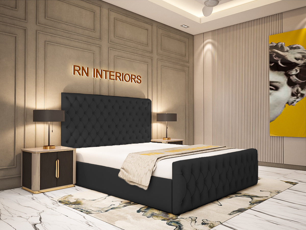 Chesterfield Double Bed - Grey Plush Velvet Bed